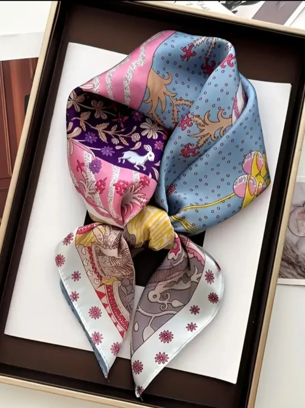 Silk-feel Scarf with Vibrant Floral & Geometric  Head Scarf, Neck Scarf